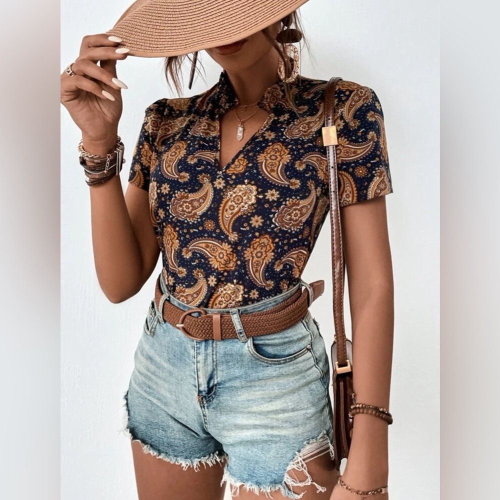 Paisley & floral print notched neck blouse
